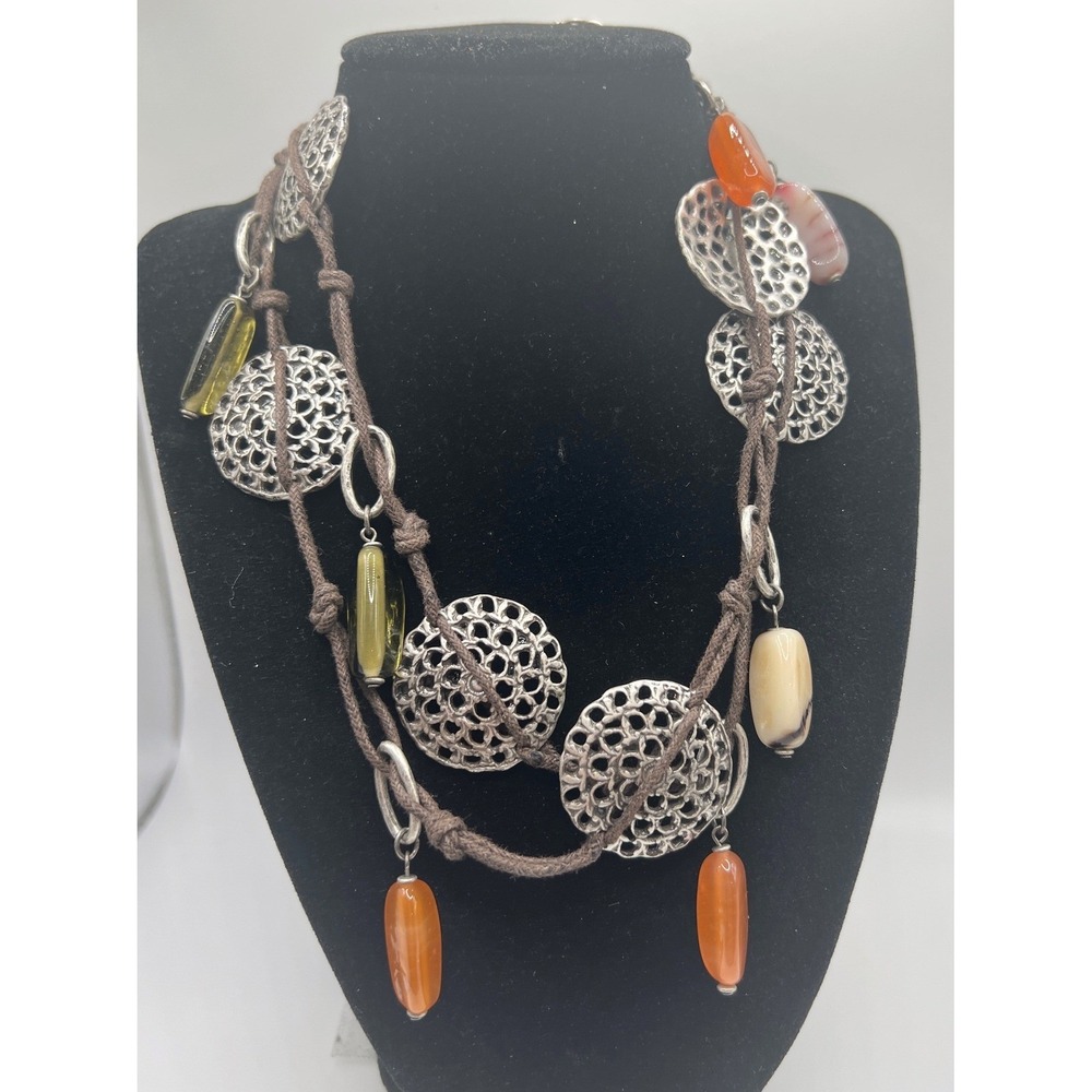 Long 36" Boho Layered Necklace Silver Discs Glass Beads Cord